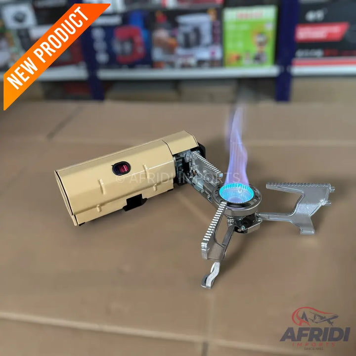 Portable camping stove with an active flame.