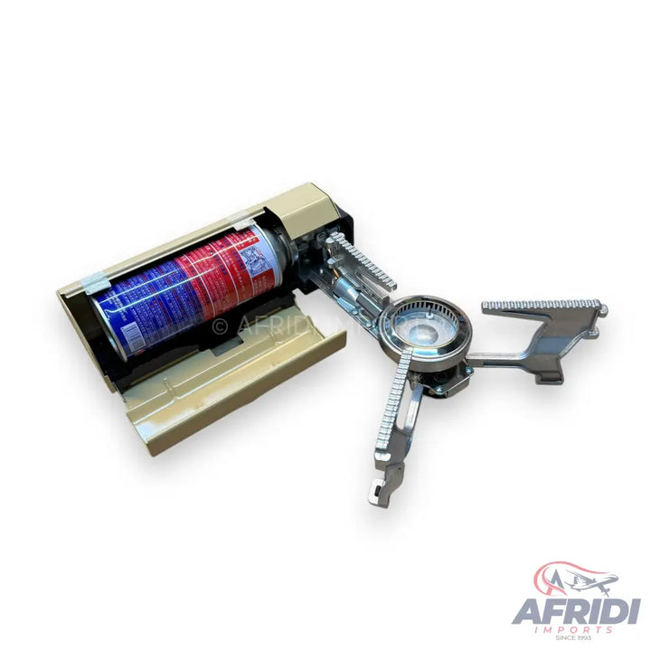 Portable camping stove with an integrated fuel canister.