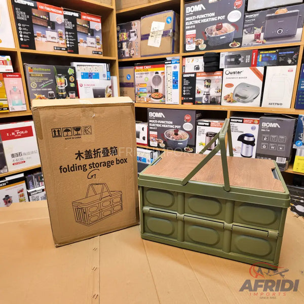 A collapsible olive green storage box with a wooden lid and carrying handles.