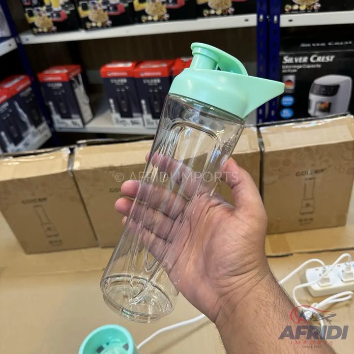 Clear, ribbed plastic water bottle with a light green flip-top lid.