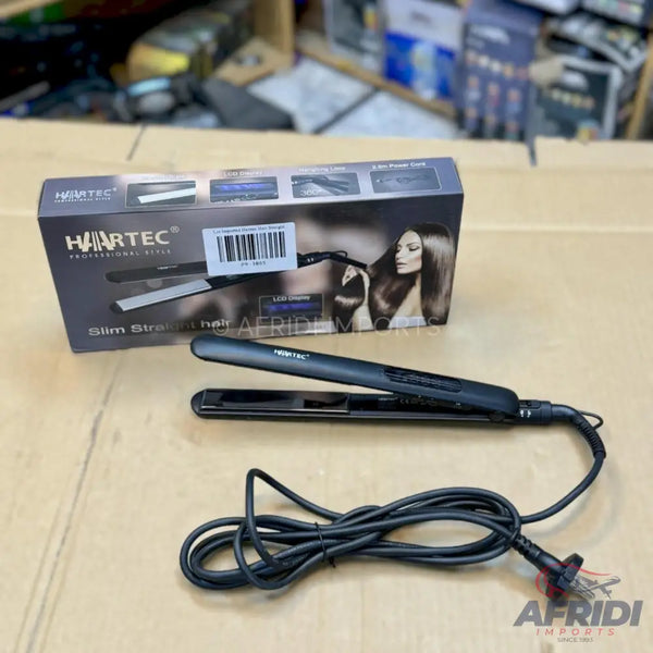 Black hair straightener and its packaging box.