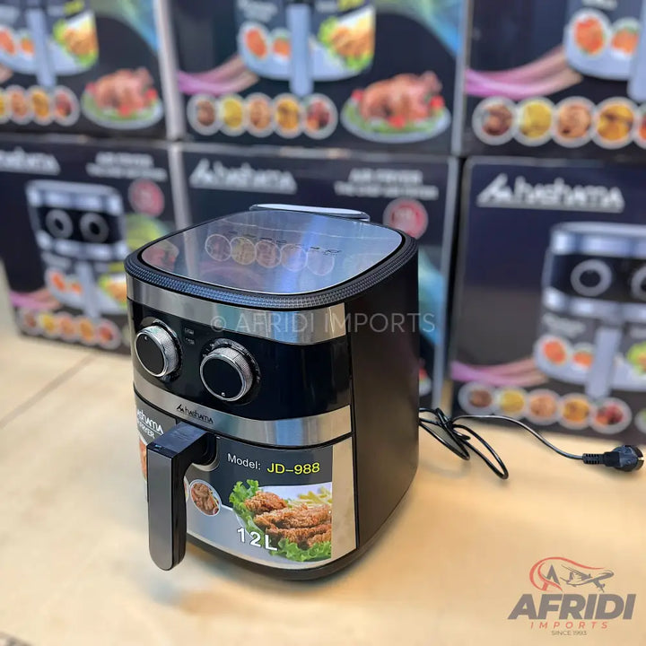 Black and silver air fryer with two control knobs and a 12-liter capacity.