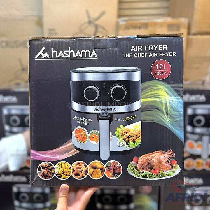 A black and silver air fryer with two control knobs, a pull-out basket, and a capacity of 12 liters and 1800 watts.