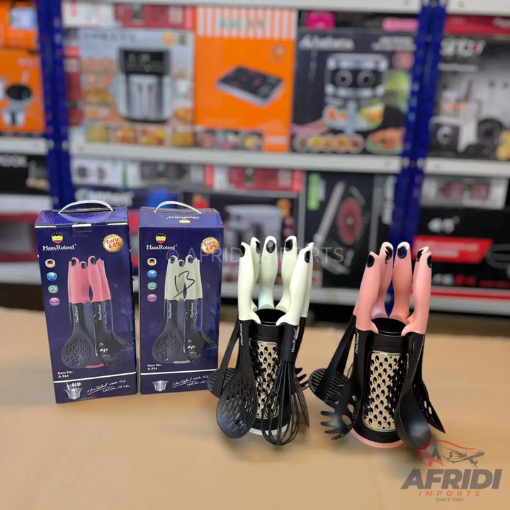 Kitchen utensil sets with hand-shaped holders.