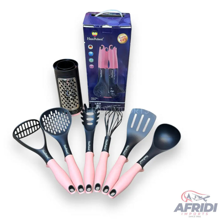 A set of black and pink kitchen utensils, including a masher, slotted spoon, pasta server, whisk, slotted spatula, and ladle, along with a black grater and their original packaging.