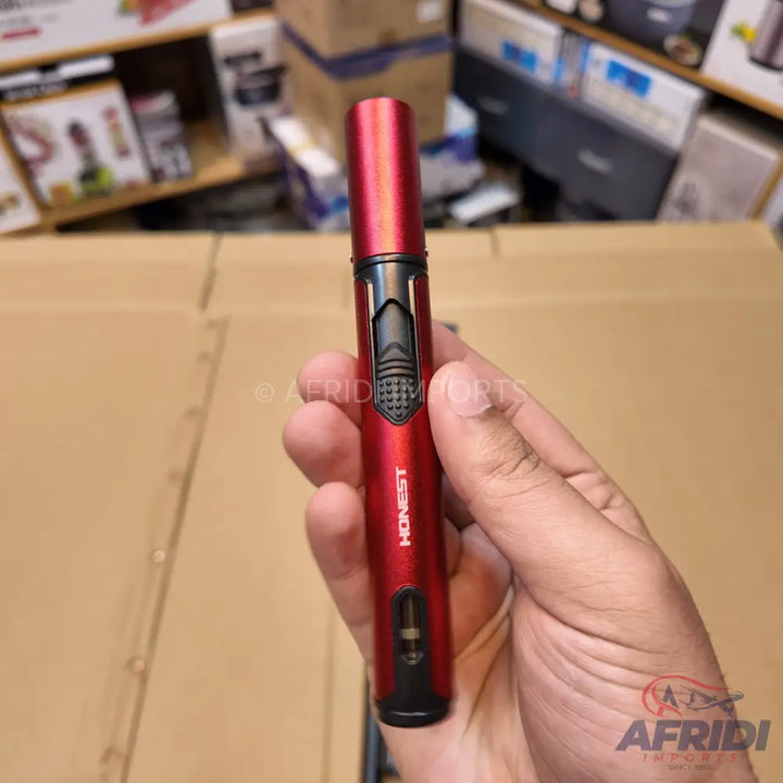 Red metallic refillable jet flame lighter with a black ignition button.