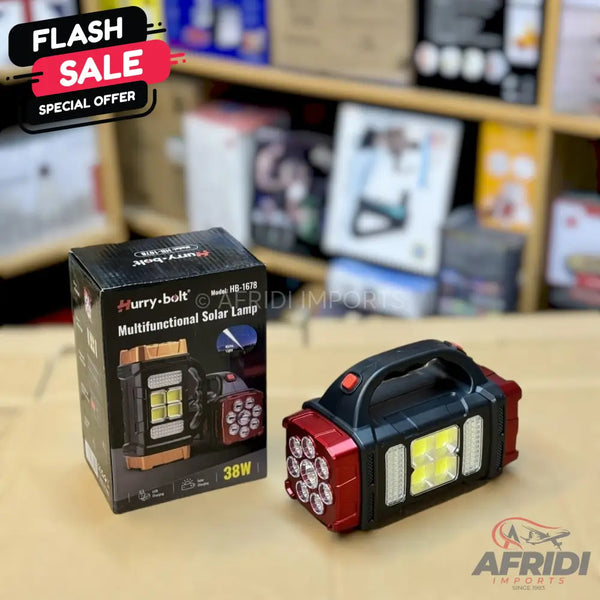 A black and red multifunctional solar lamp with multiple light panels, including a large white panel and a round red panel with several smaller lights, and a carrying handle.