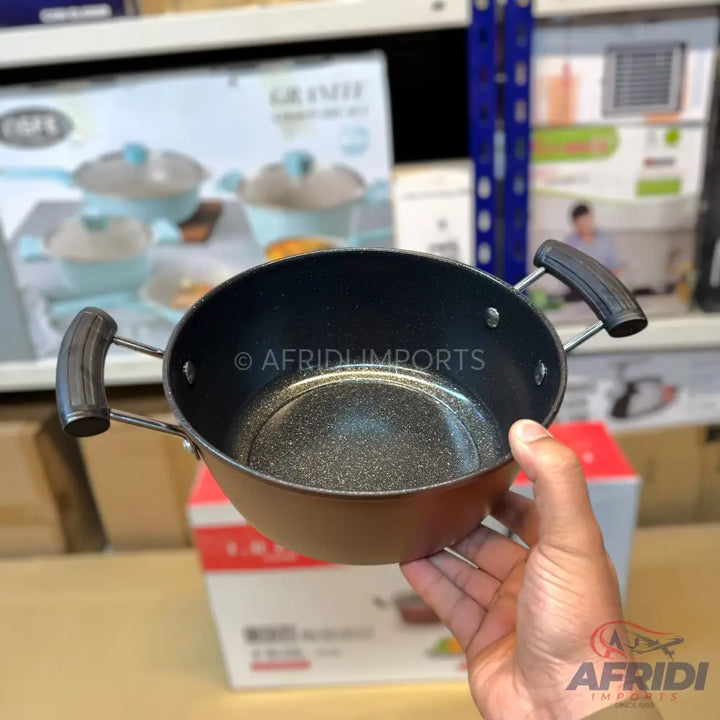 Black non-stick cooking pot with two handles.