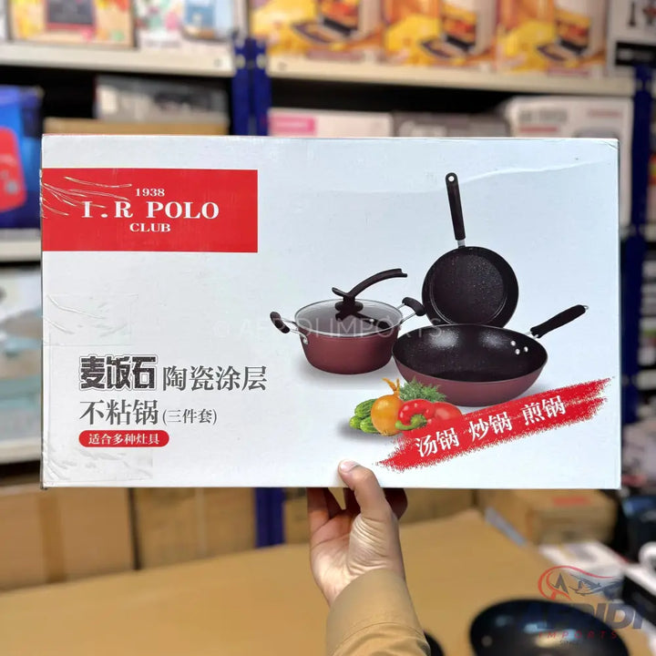 A three-piece non-stick cookware set with a ceramic coating, including a soup pot, a wok, and a frying pan.