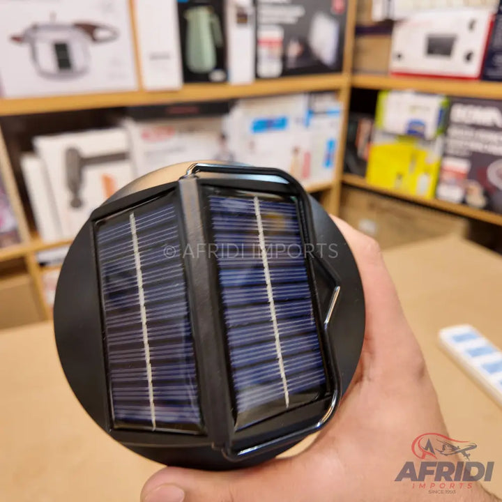 Portable solar-powered lantern with two solar panels.