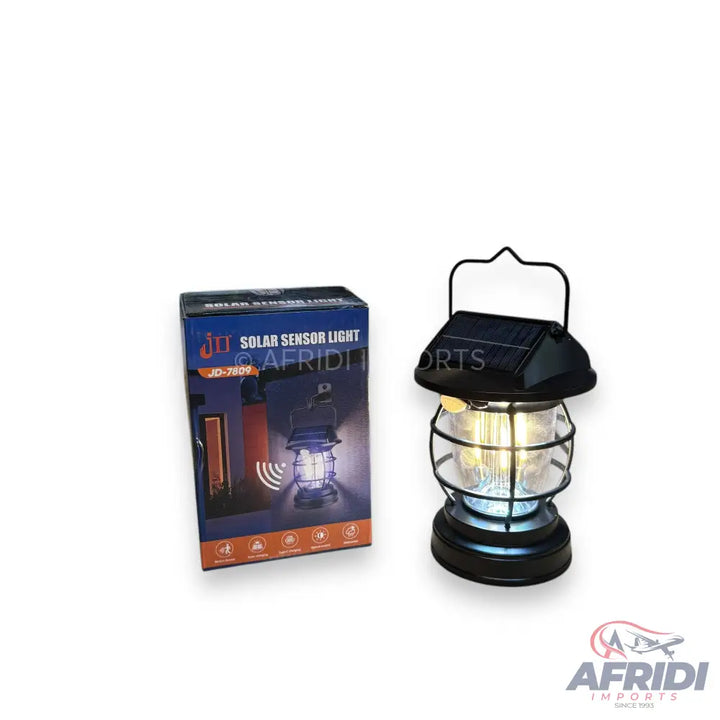 A black solar-powered lantern with a caged design.