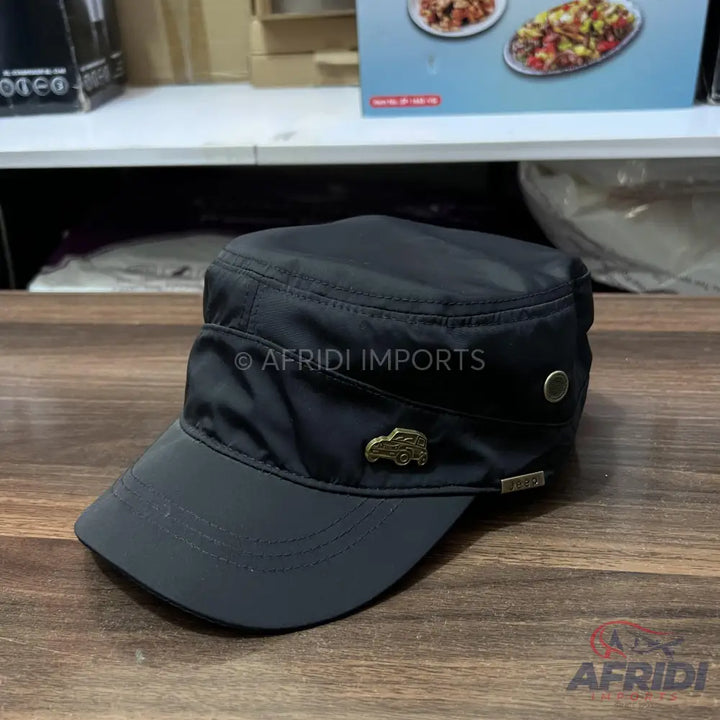 Black military-style cadet cap with a small bronze car emblem.
