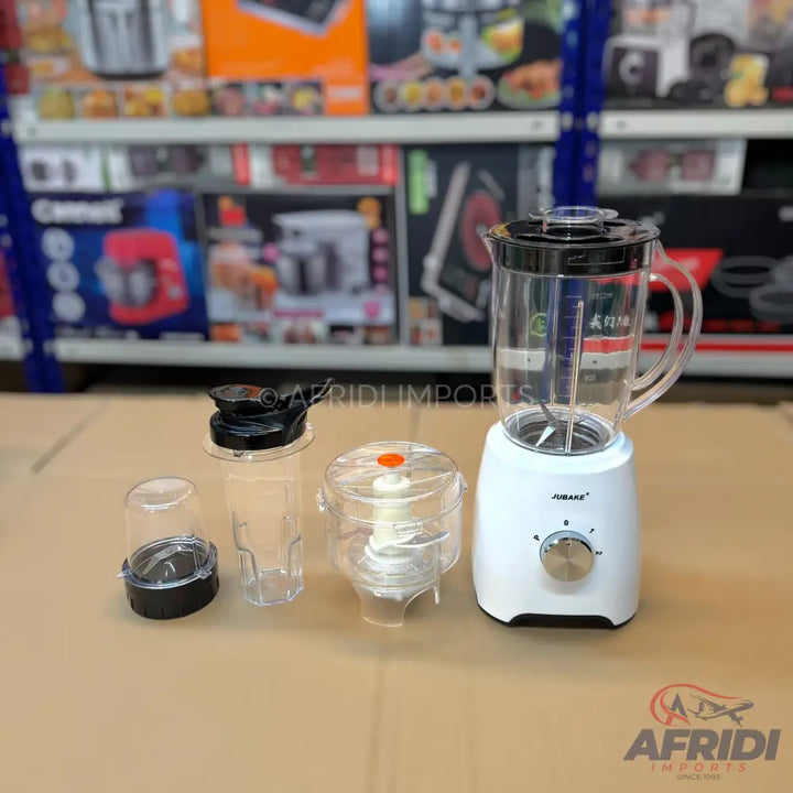 White blender with multiple attachments for various food preparation tasks.