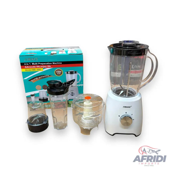 A white electric blender with multiple attachments and its teal and black packaging box.
