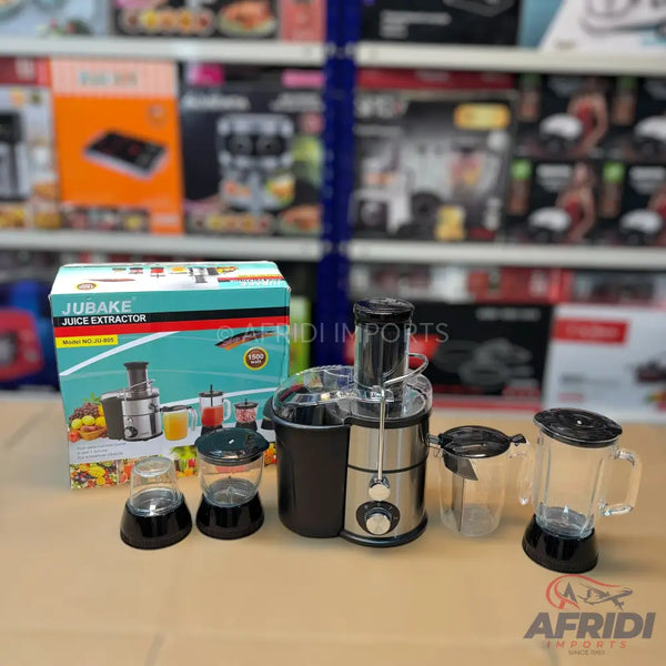 A multi-function juice extractor with several attachments for blending and grinding.
