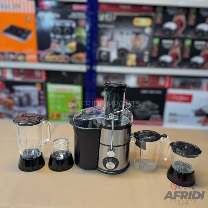 A multi-functional juicer and blender set with several attachments.