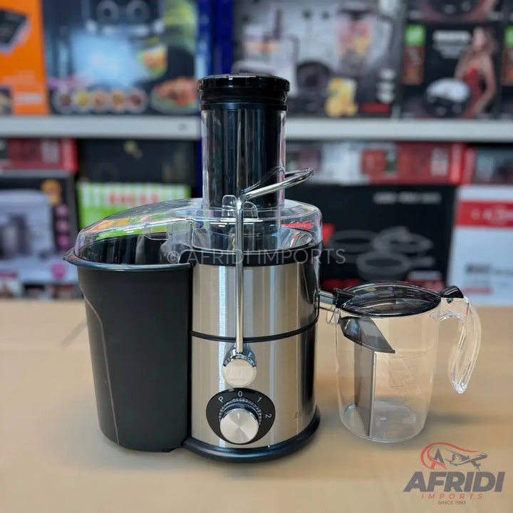 Stainless steel centrifugal juicer with a clear pulp container and juice pitcher.
