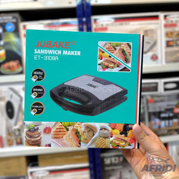 A Jubake sandwich maker with 800W power and stainless steel baking plates.