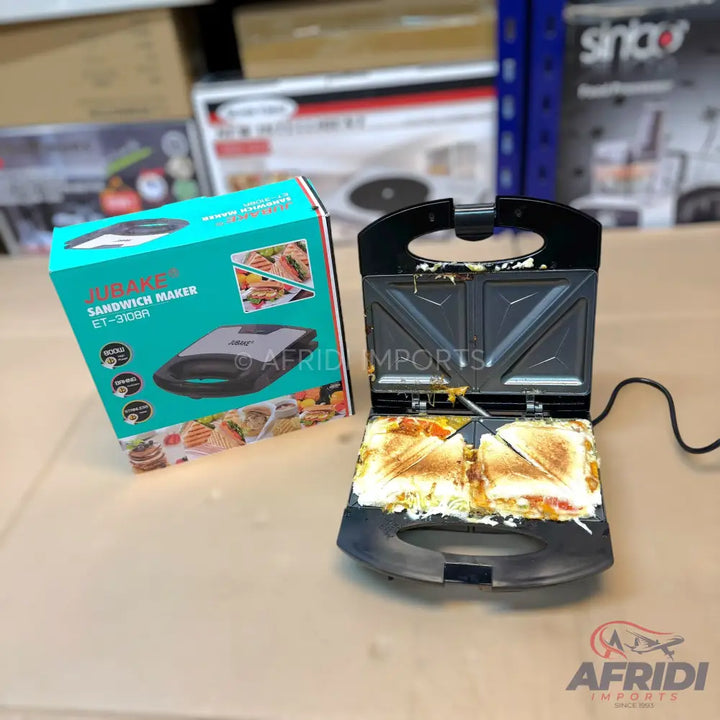 An open black sandwich maker with two toasted sandwiches inside.