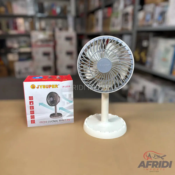 White portable desk fan with a gray center and a matching box.