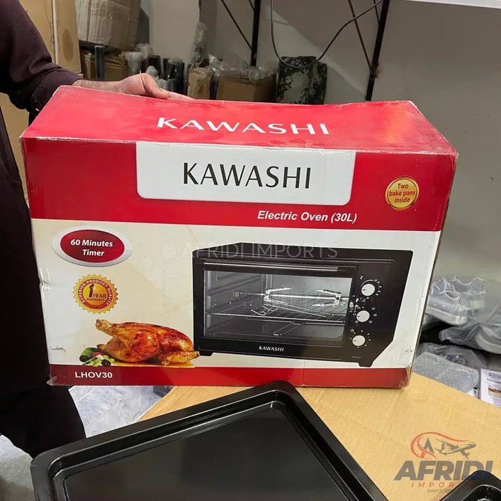 Kawashi 30L electric oven with a 60-minute timer and two bake pans.
