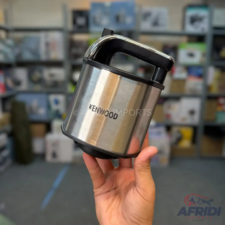 A Kenwood-branded stainless steel food grinder attachment.