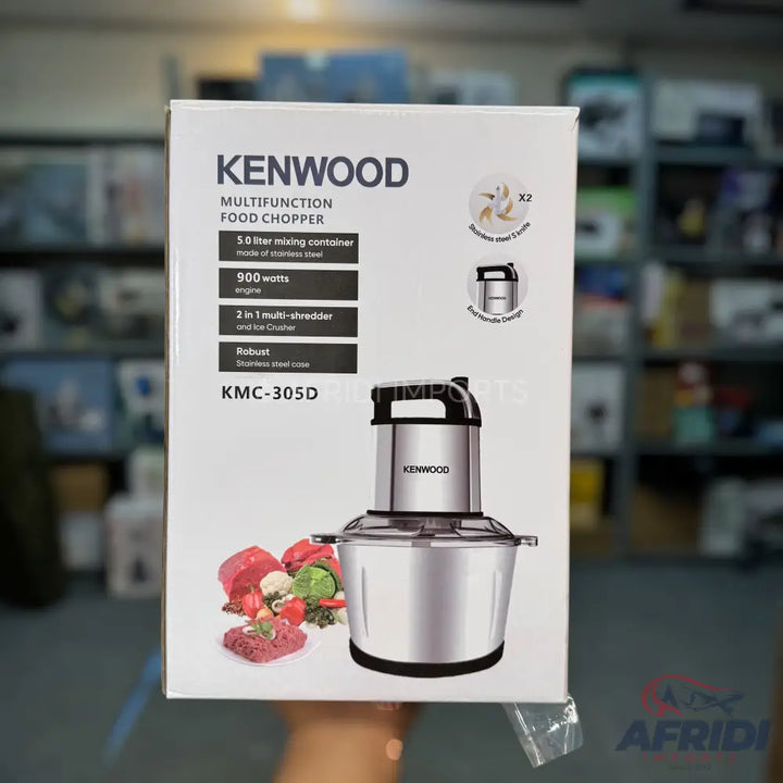 Kenwood multifunctional food chopper with a 5-liter stainless steel mixing container and a 900-watt engine, featuring a 2-in-1 multi-shredder and ice crusher.