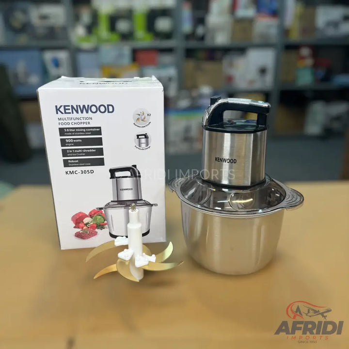 A Kenwood multifunction food chopper with a stainless steel bowl and a four-blade system.