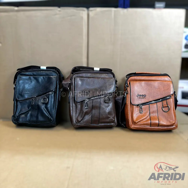 Three leather shoulder bags in black, dark brown, and tan.