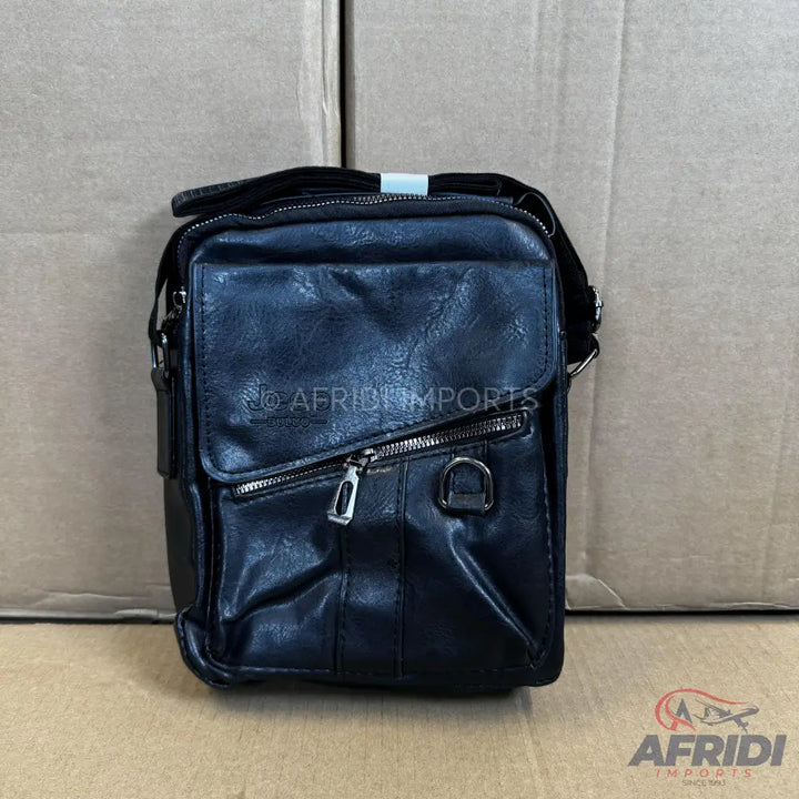 Black faux leather messenger bag with multiple zippered compartments.