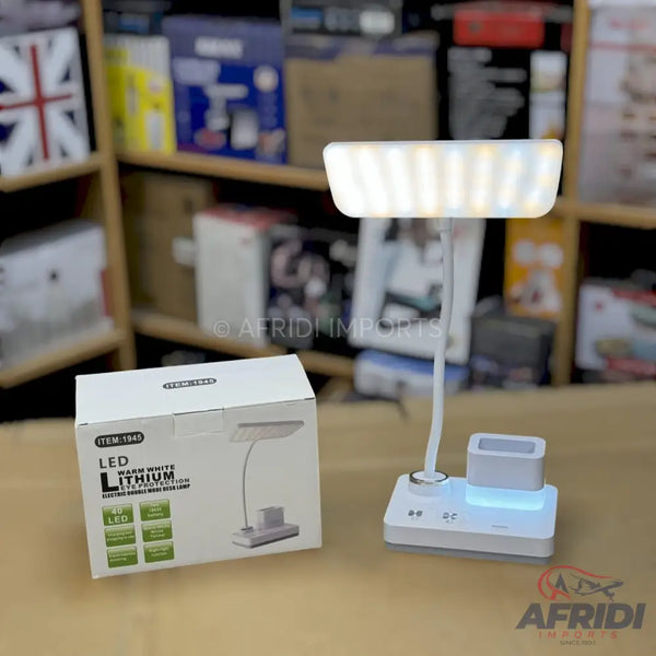 White LED desk lamp with flexible neck, integrated pencil holder, and a touch-sensitive base.