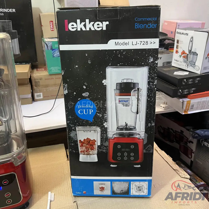 A black box for a Lekker Commercial Blender, Model LJ-728, featuring a red base and a grinding cup.