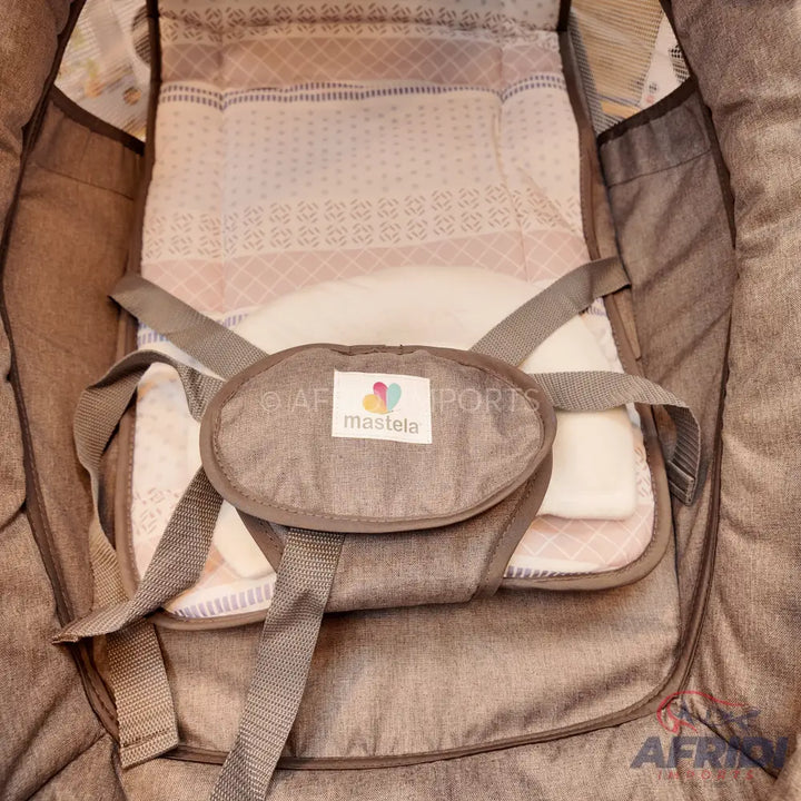 Brown baby bouncer with a patterned cushion and safety harness.