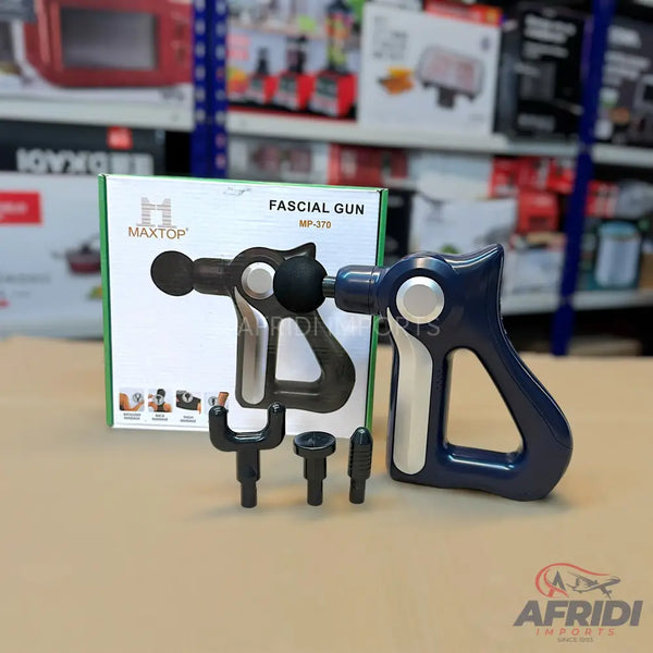 A dark blue and silver handheld massage gun with three interchangeable head attachments.