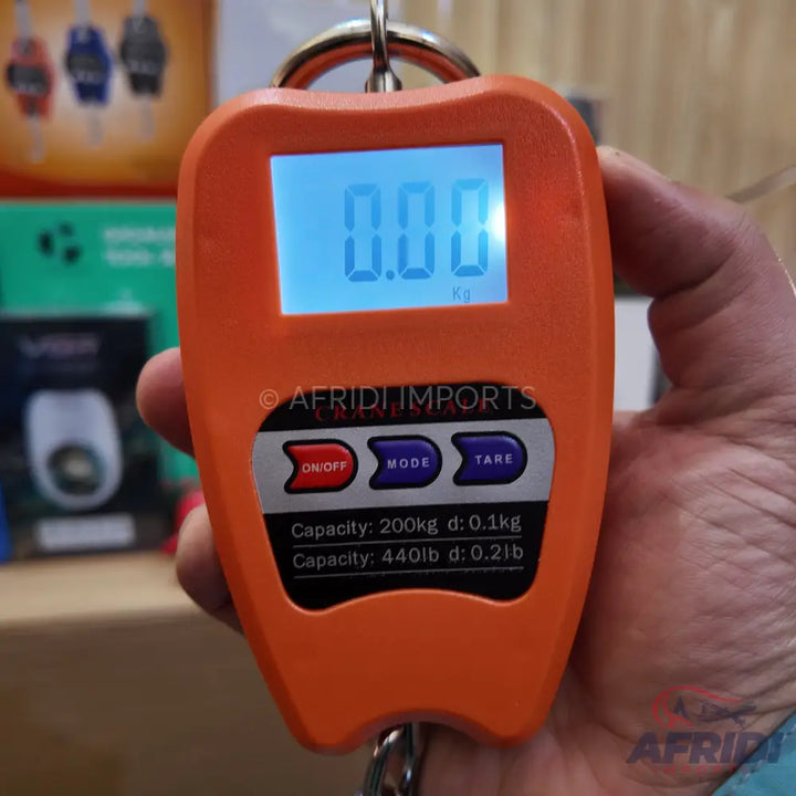 Orange digital hanging scale with a capacity of 200kg (0.1kg division) or 440lb (0.2lb division).