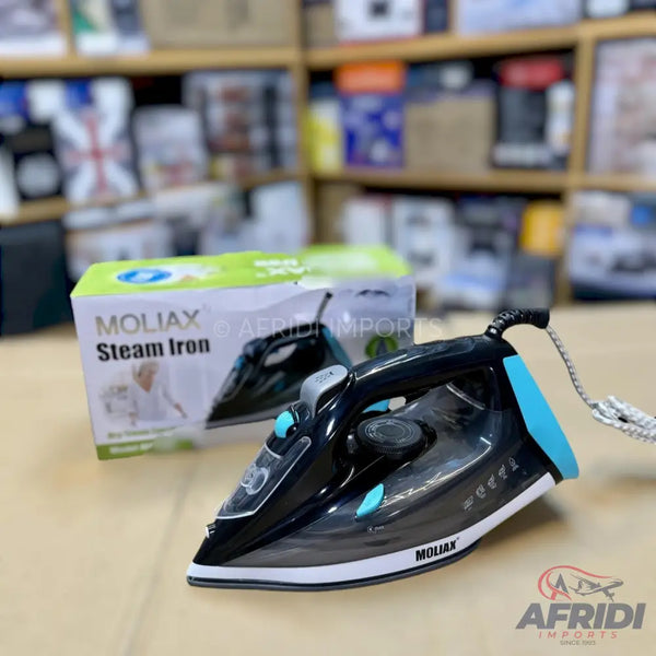 Black and blue steam iron with a white base.