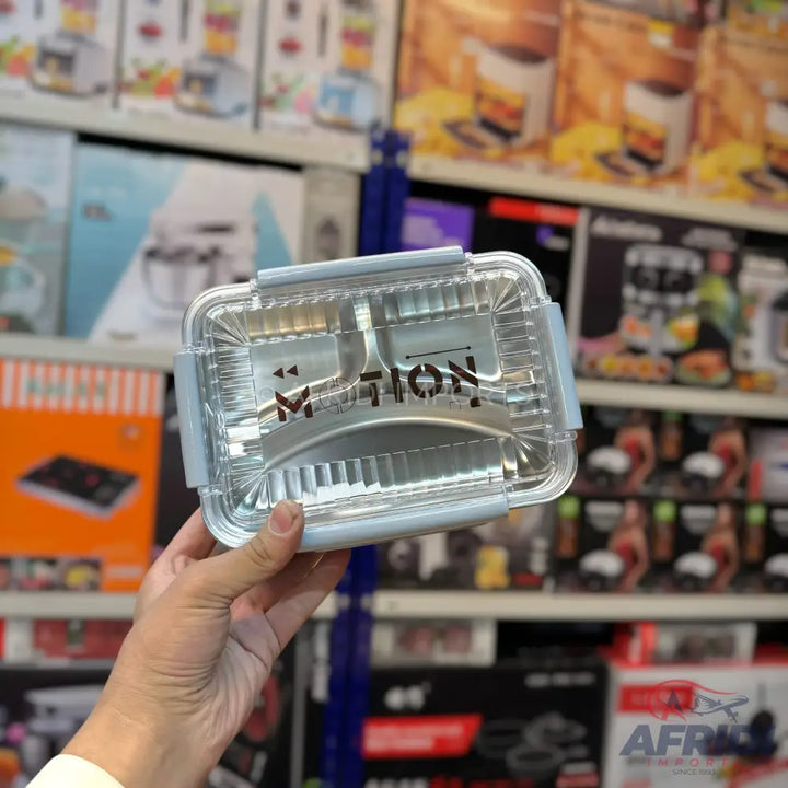 Clear plastic food container with a light blue lid and internal divider.