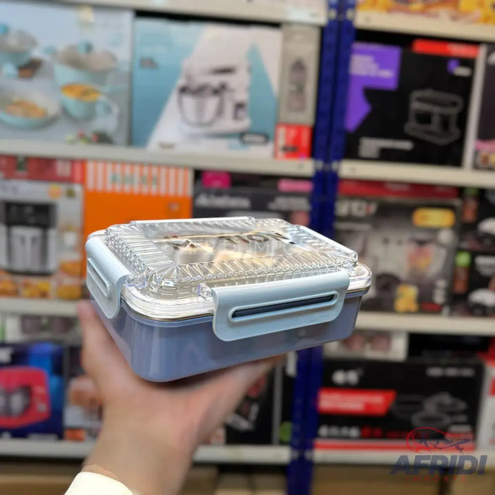 Light blue plastic food container with a clear, ridged lid and light blue latches.