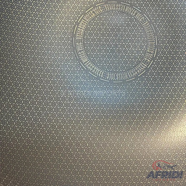 A textured stainless steel cooking surface.