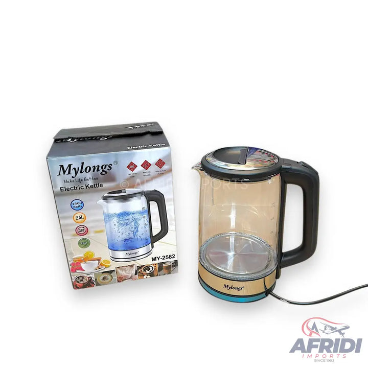 Glass electric kettle with a black handle and a base.
