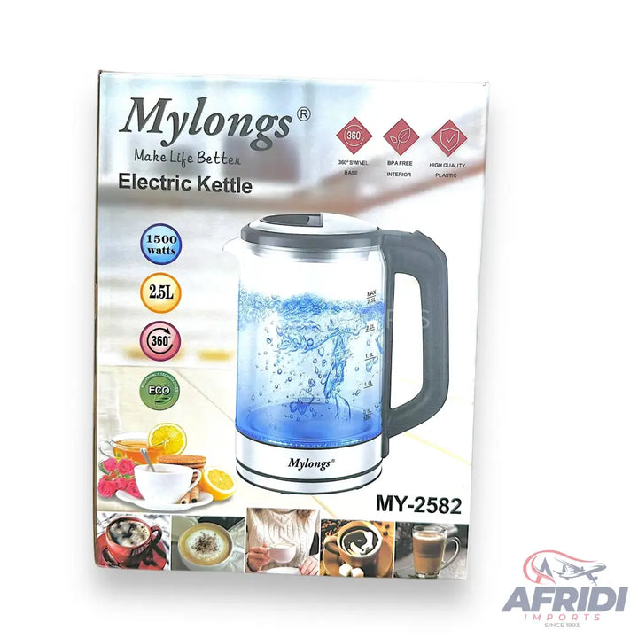A Mylonogs Electric Kettle with 1500 watts power, 2.5L capacity, 360-degree swivel base, BPA-free interior, and high-quality plastic construction.