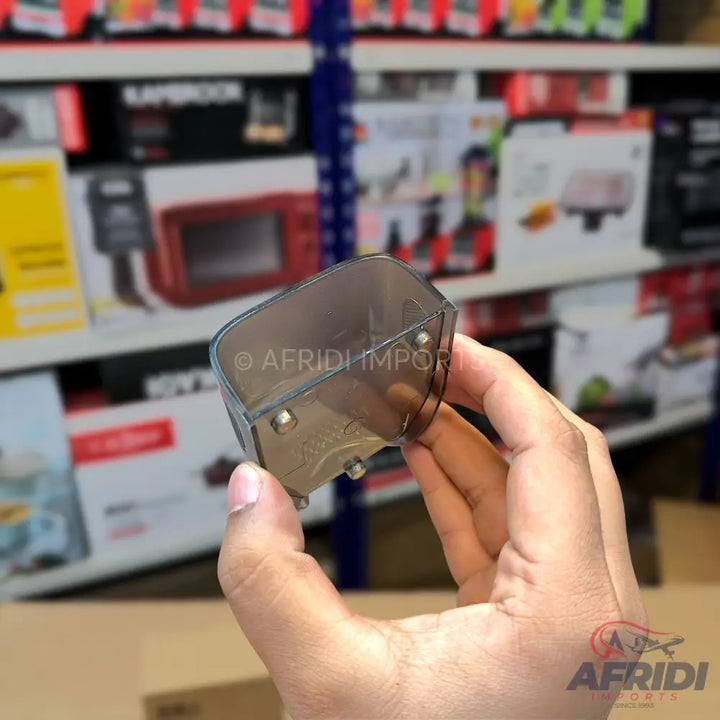 A transparent dark grey plastic visor or shield.
