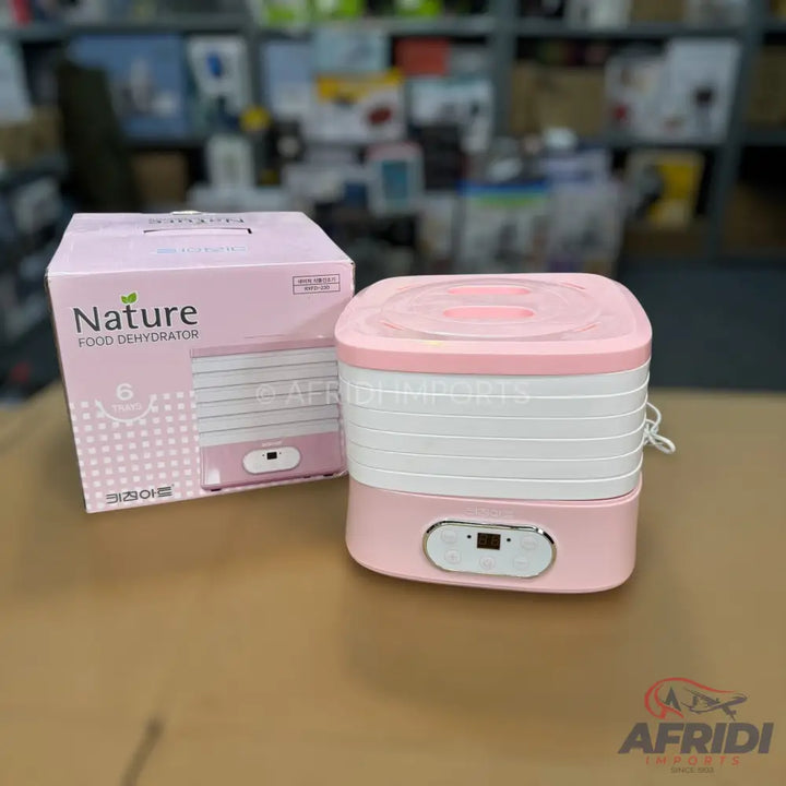 Pink and white multi-tiered food dehydrator with a digital control panel.