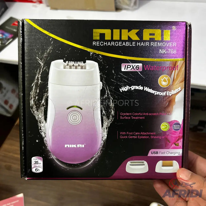 Boxed NIKAI rechargeable hair remover.