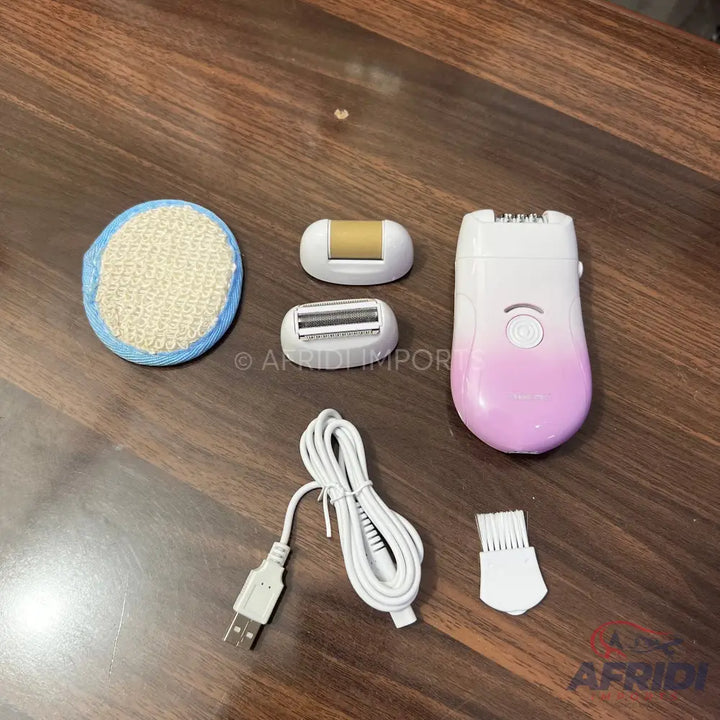 A white and pink rechargeable epilator with interchangeable heads, a USB charging cable, and a cleaning brush.