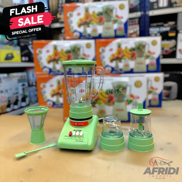 Green blender set with multiple attachments.