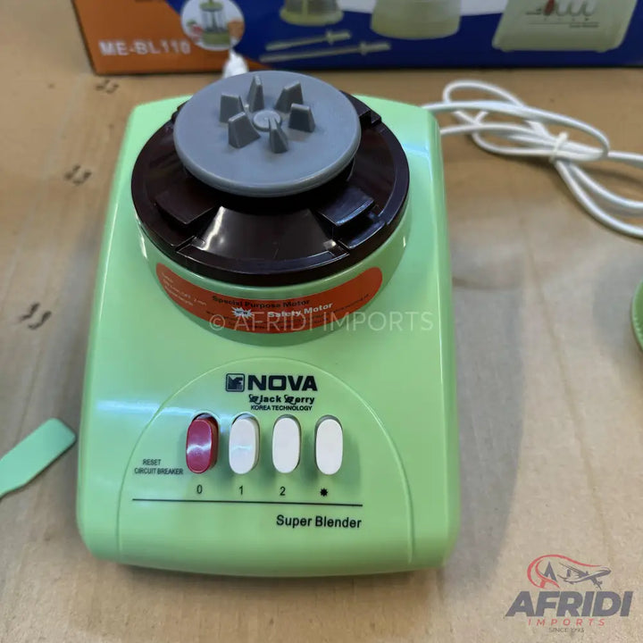 Light green countertop blender with a dark brown base and a gray coupling, featuring a red reset button and three white speed control buttons labeled 0, 1, and 2.