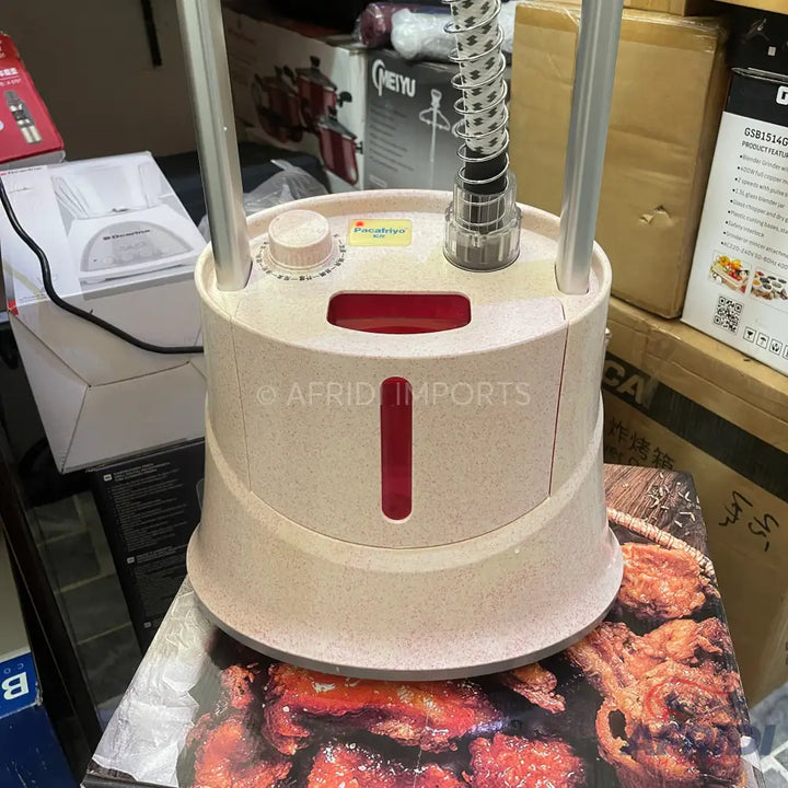 Cream-colored standing garment steamer with a red water tank and a control knob.