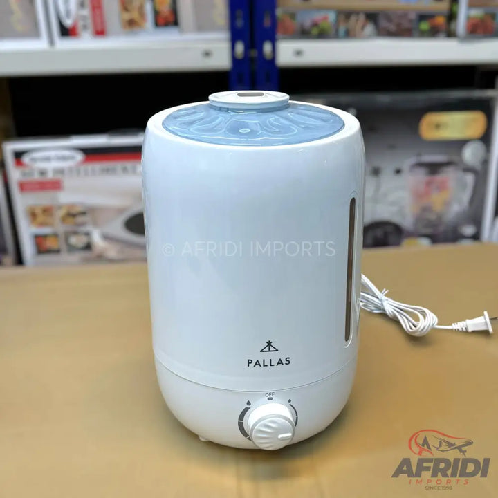 White Pallas brand humidifier with a light blue top and a dial.