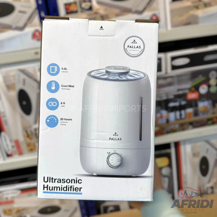 A white ultrasonic humidifier with a 5.0L capacity, cool mist technology, and up to 20 hours of continuous humidifying.